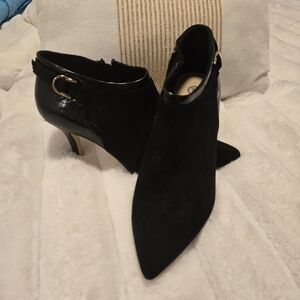 Bella Vita Black Suede and Croc-Texture Ankle Boots